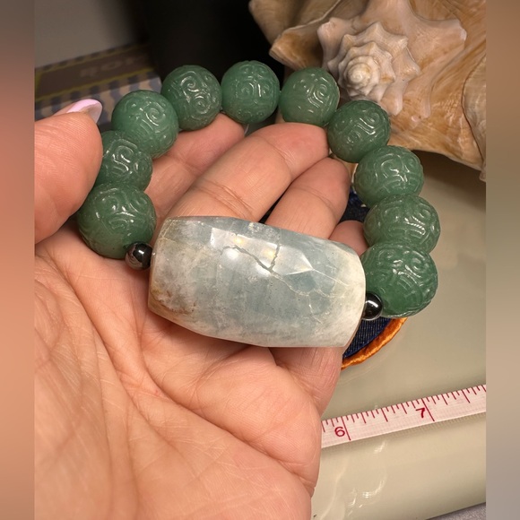 MASSIVE AQUAMARINE + JADE  AVENTURINE  NATURAL STONES BRACELET size 7” - Picture 14 of 16